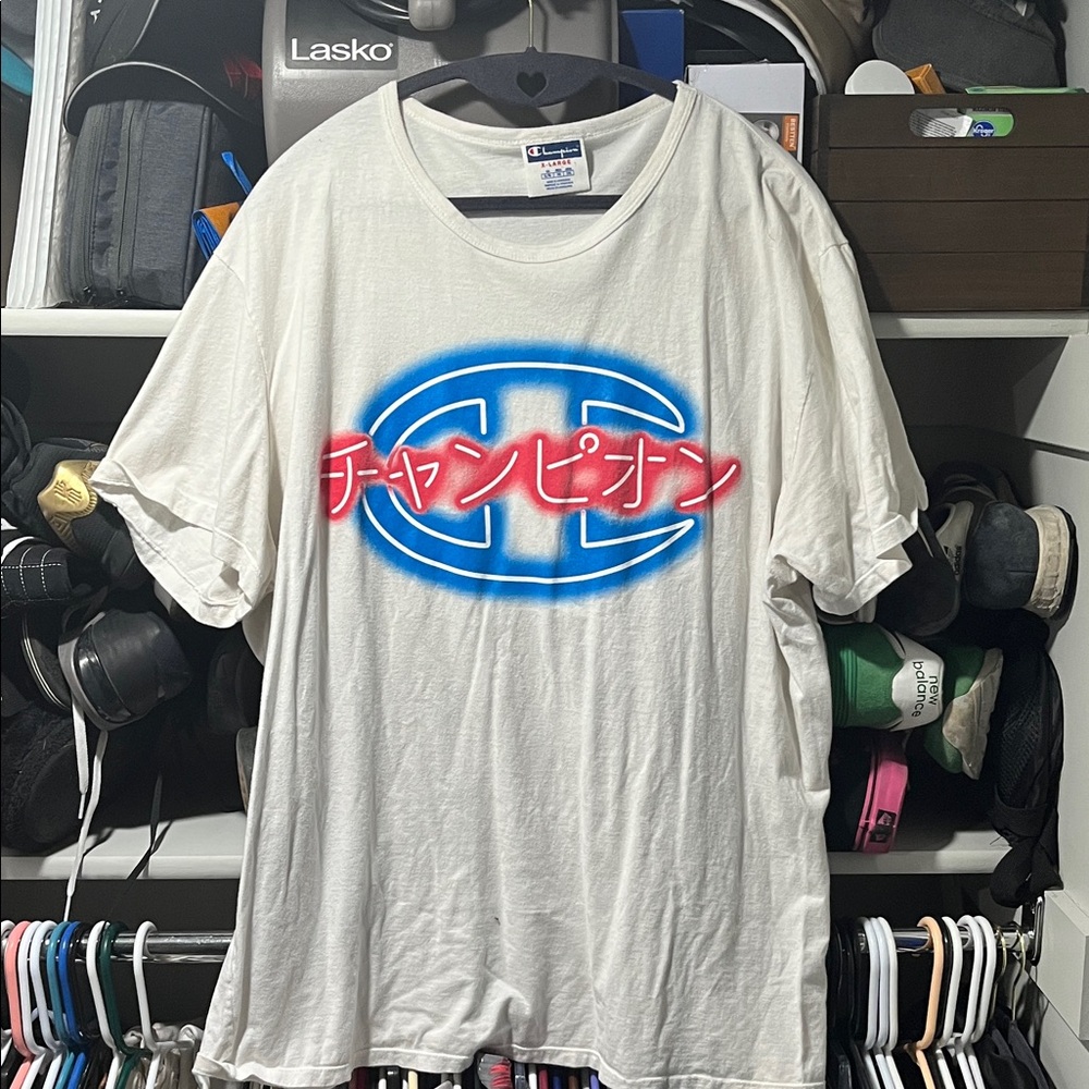 Champion White Tee with Blue and Red Logo